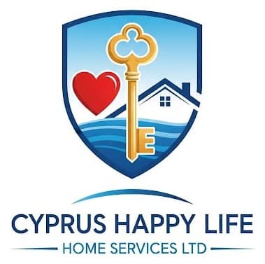 Cyprus Happy Life Home Services Ltd logo: a shield with a heart, a golden key and a house